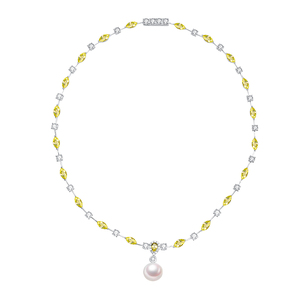 สร้อยคอจี้ไข่มุก Messi Jewelry รุ่น MSN-830 เงินแท้ S925 ประดับด้วยไพลินสีเหลืองทรงมาร์คีส์ และตัวล็อกจี้ประดับเพชร - Product Image 1