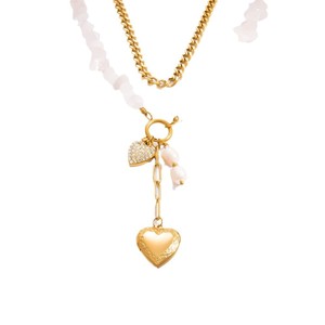 Collier superposé tendance plaqué or 18 carats avec pendentif cœur en pierre naturelle, chaîne claviculaire multi-brins pour femme - Product Image 5