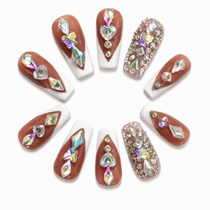 Faux ongles à presser en acrylique faits main, longs, forme cercueil, avec strass, couvrance totale, pour doigts - Product Image 5