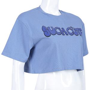 Nouvelle mode drôle femmes <span class=keywords><strong>basique</strong></span> plaine col rond manches courtes Crop T-<span class=keywords><strong>Shirt</strong></span> lettre graphique impression t-shirts doux bleu décontracté t-shirts - Product Image 4