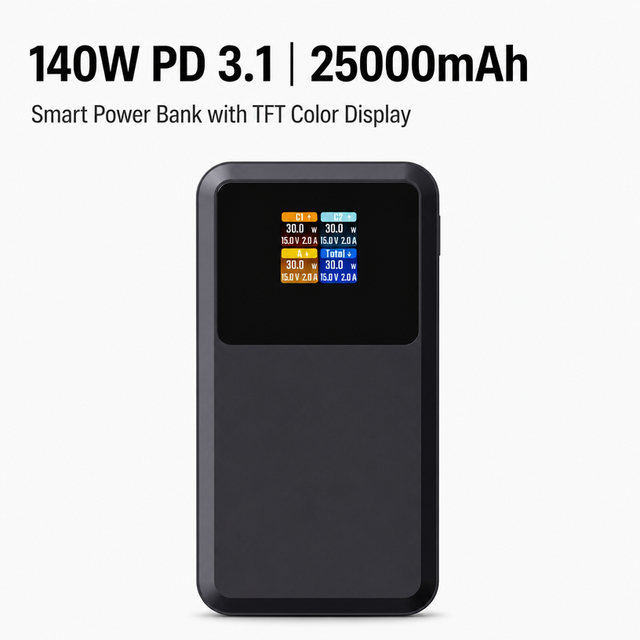 25000mAh High Capacity Li-Polymer Battery Power Bank with TFT Display USB-C/USB-A Ports Fast Charging 3 Devices OEM/ODM Support