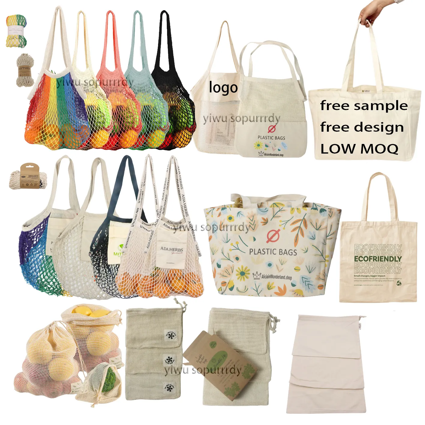 Reusable customized printed logo durable organic fruit vegetable cotton mesh net string produce grocery tote shopping handle bag