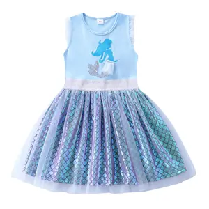 New Arrival Girls Mermaid Printed Mesh Fish Scale Fabric Cotton Summer Sleeveless Girls Cute A-Line Dresses