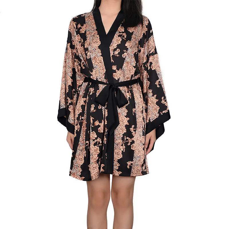 Baskı elbise kadın saten pijama japon kimono pijama