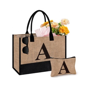 <span class=keywords><strong>Sac</strong></span> fourre-tout en jute de plage personnalisé avec pochette de maquillage en toile de jute monogramme cadeaux d'anniversaire pour femmes <span class=keywords><strong>soeur</strong></span> maman demoiselle d'honneur - Product Image 1