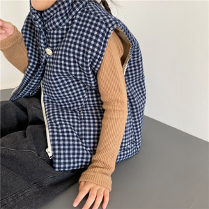 Gilet en coton à carreaux avec grandes poches pour enfants, gilet <span class=keywords><strong>sans</strong></span> manches en coton avec boutons pour garçon et fille, veste à capuche - Product Image 4