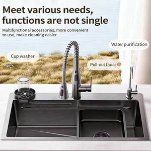 Évier de cuisine moderne multifonctionnel en acier inoxydable 304 épaissi, noir nano, grande capacité - Product Image 5