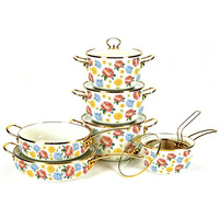 Ensemble de casseroles en émail à motif floral européen, bord doré, double poignée, pot à soupe et à ragoût en émail, compatible avec les cuisinières à induction