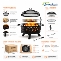 Brasero d'extérieur rond en fer à bois avec grille pivotante à découpe diamantée, écran anti-étincelles en maille et pioche à feu