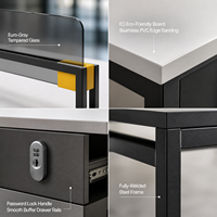 Poste de travail modulaire moderne pour bureau, structure en acier soudé noir mat avec écran en verre gris et armoire à serrure à code