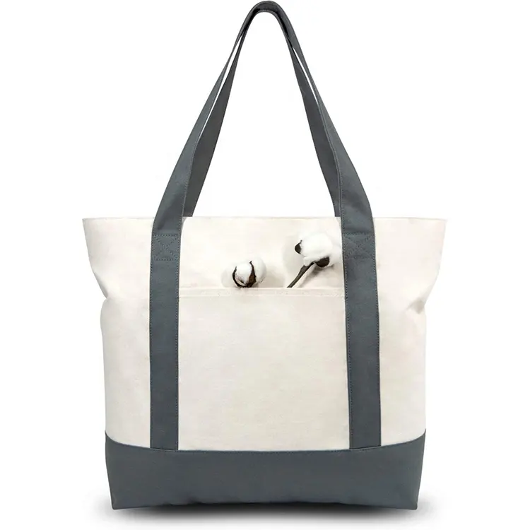 Hot Popular Customize Natural Heavy Cotton Canvas Large Traveling Zipper Tote Bag With Outside Pocket