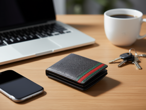 Portafoglio da uomo in pelle intrecciata JD, motivo litchi, chiusura a piega, corto, per uso quotidiano - Product Image 2