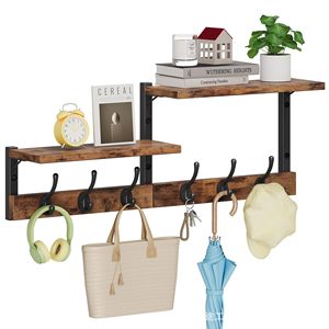 Wooden Wall Mounted Coat <b>Rack</b> With <b>Shelves</b> And Hooks For Entryway Or Bedroom Storage Organization - Product Image 1