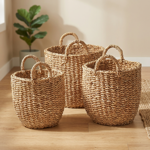 Paniers de rangement en jonc de mer naturel avec poignées, forme de bol, style rustique, ensemble de paniers multi-usages pour l'organisation - Product Image 4
