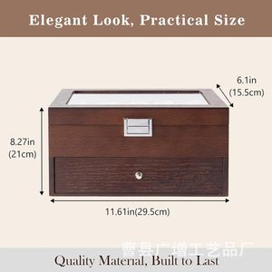Caja de almacenamiento de relojes de madera para escritorio, con tapa de cristal y cajón para relojes de hombre y mujer, madera maciza, rectangular, color retro, GZ 217 - Product Image 5