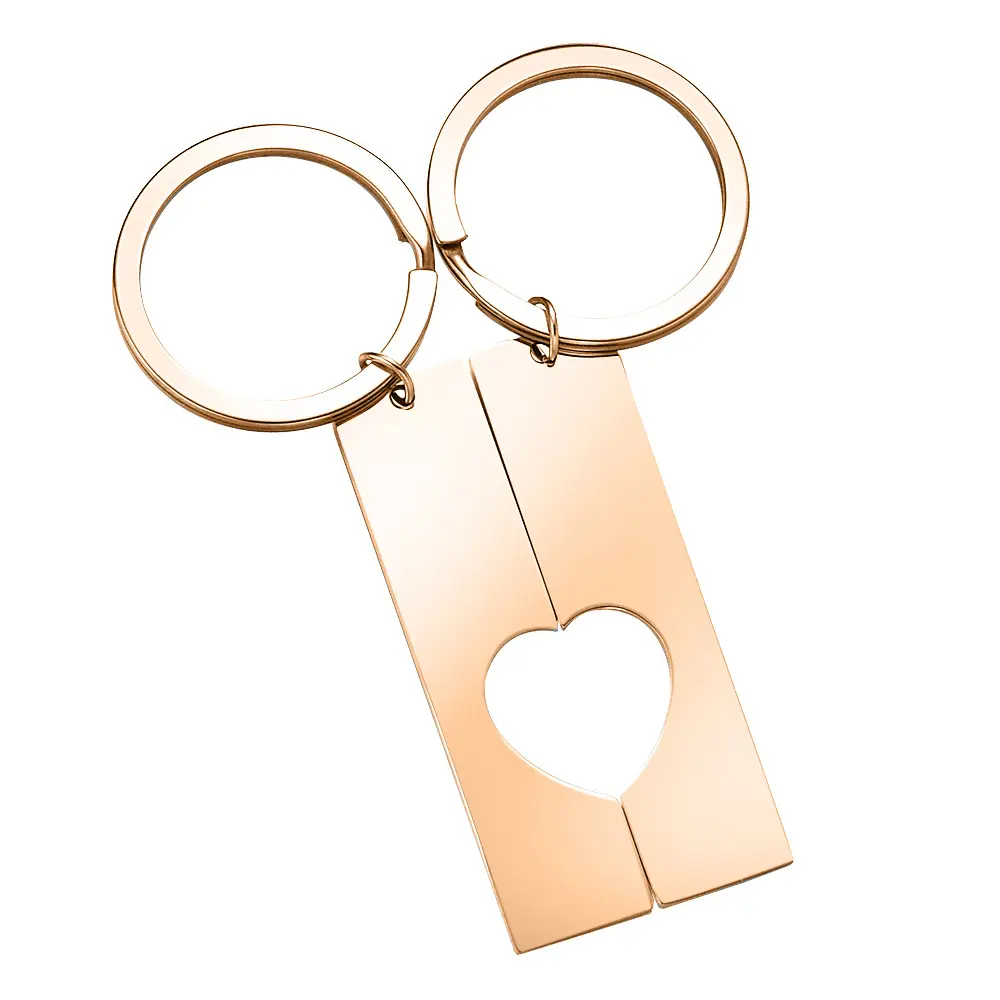 Wholesale Gold Stainless Steel Keychain with Long Rectangle Strip Heart Hollow Couple Customized Keychain