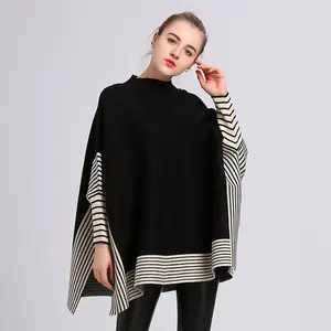 Custom oversized soft knit cape sweater pullover bat sleeve striped poncho coat shawl