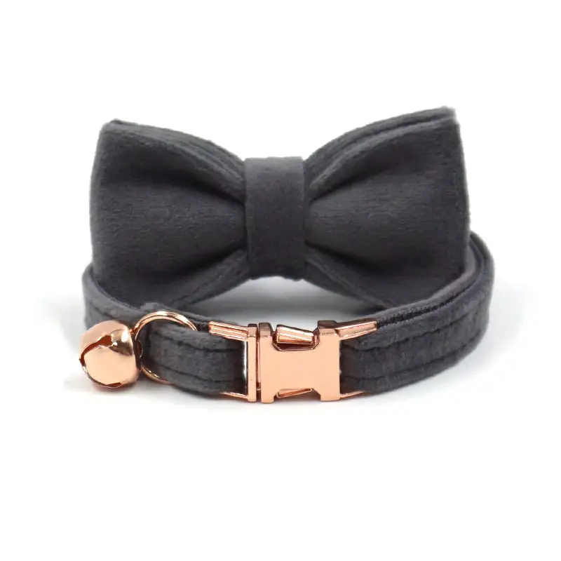 New arrive soft velvet dark grey cat collar luxury safety dog collars with bell cute collar for small dogs and cats