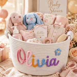 Cesta de Almacenamiento para Guardería con Nombre Personalizado, Cesta Tejida, Recuerdo para Recién Nacidos, Regalo para Baby Shower, Organizador de Habitación - Product Image 1