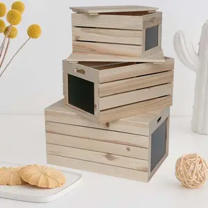 Wooden Pine Decorative Wood Crate With Hand Holes And Lid Unpainted Wooden Storage Bins For Home
