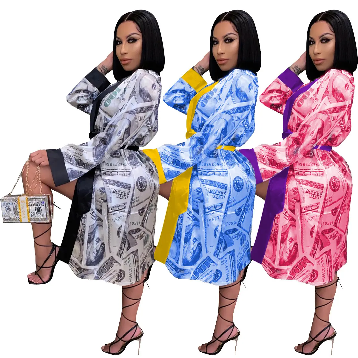 hot selling money dollars printed bath robe silk satin pajamas women sleepwear