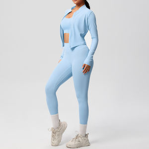 Hochwertiges 3-teiliges Damen-Yoga-Set mit individuellem Logo, Sport-BH, High-Waist-Leggings, Langarmjacke, schnelltrocknend, Fitness-Aktivkleidung - Product Image 5