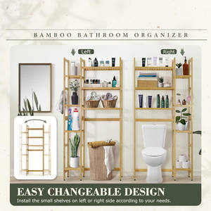 Étagère en bambou sur casier de toilette Étagère de salle de bain derrière l'étagère de toilette avec crochets, pieds réglables Étagère de toilette autoportante de 31 pouces - Product Image 5