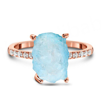 Anillo de compromiso y aniversario de plata de ley 925 con baño de rodio y piedra lunar azul cristiana en bruto