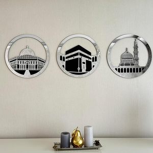 Diseño Circular <span class=keywords><strong>Al</strong></span> <span class=keywords><strong>Aqsa</strong></span> Mezquita Arte de pared islámico Kaaba y Masjid An-Nabawi Set Decoración musulmana para el hogar Eid Mubarak Regalo - Product Image 3