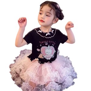 Girls Pink Cartoon Print Short Sleeve Dress Breathable Summer Style With Tutu Skirt - Product Image 5