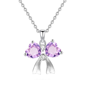 Collar con Colgante de Doble Corazón de Piedra Natural de 7mm, con Lazo, en Plata de Ley 925, Resistente al Deslustre - Product Image 1