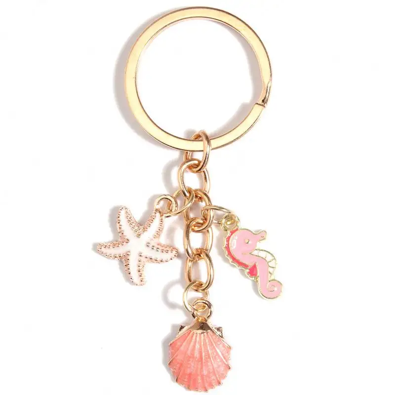 Men cá mập Keychain đầy màu sắc Sao Biển vỏ ốc xà cừ vòng chìa khóa bãi biển kim loại móc chìa khóa biển món quà lưu niệm cô gái DIY handmade trang sức