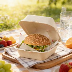 Envase Desechable Biodegradable de Bagazo de 450ml con Tapa, Tipo Clamshell para Hamburguesas, Comida para Llevar, Caja para Sushi - Product Image 1