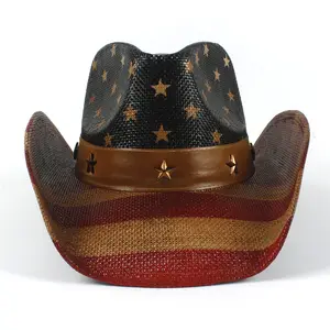 Yüksek kaliteli erkek kağıt hasır kovboy şapka Shapable Brim Sombreros abd bayrağı hasır kovboy şapka abd amerikan bayrağı boyama hasır şapka