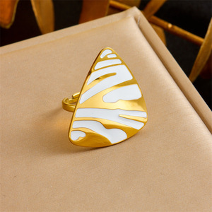 Geometric Triangle Ring Gold White Enamel Adjustable Unisex Fashion Jewelry Party Statement Piece - Product Image 1