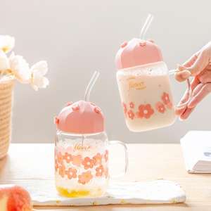 Vaso <span class=keywords><strong>de</strong></span> vidrio personalizado <span class=keywords><strong>de</strong></span> alta calidad con tapa <span class=keywords><strong>de</strong></span> silicona y pajita, linda taza para <span class=keywords><strong>desayuno</strong></span>, taza <span class=keywords><strong>de</strong></span> oficina. - Product Image 1