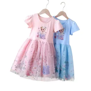 Vestido para crianças, vestido verão crianças roupas infantis manga curta vestidos de princesa de malha dos desenhos animados