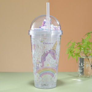 Unicorn Plastic Straw Cup Double Walled With Lid And Straw For Kids Summer Drinkware Mixed Colors Cartoon Design - Product Image 3