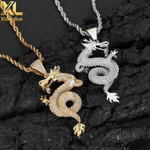Bling Mythic <b>Iced</b> <b>Out</b> Silver Tone Micro Pave Cubic Zirconia Green Accent Chinese Dragon Pendant Necklace - Product Image 4