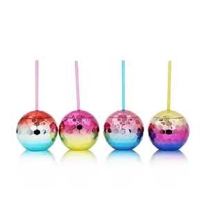Personalizado novo design arco-íris plástico copo da bola da discoteca com canudo e tampa coquetel beber tumblr para festa evento