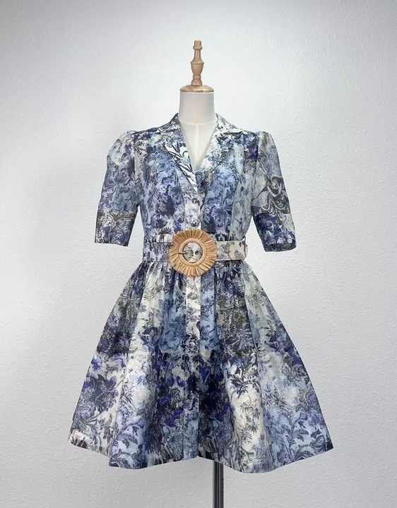 Top Quality New Silk Linen Dress 2025 Spring Summer Women Blue Floral