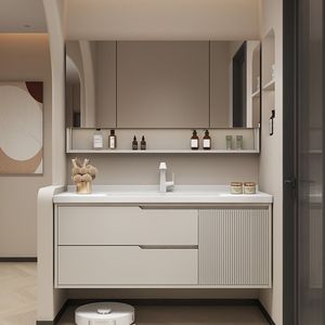 Meuble de salle de bain brillant-suspendu au mur, miroir LED avec désembuage, portes à fermeture douce, bassin en acrylique, surface facile à nettoyer - Product Image 1