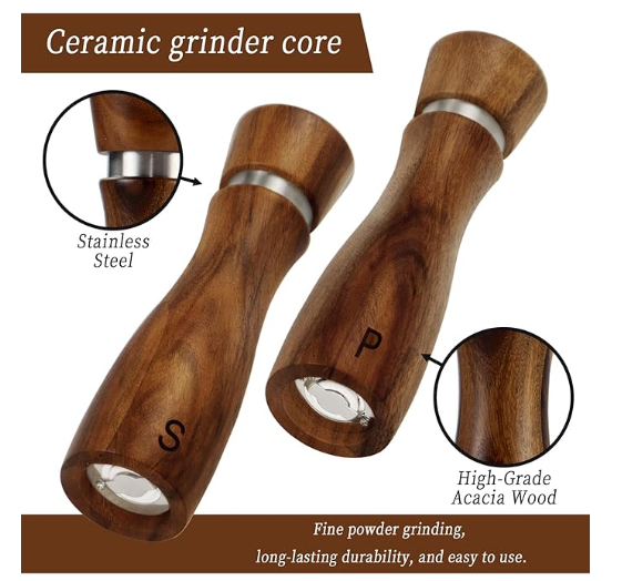 Elegant Modern Eco-Friendly Set Of 2 Acacia Wood Salt And Pepper Shakers With Ceramic Core Grinder For Spice Use · image 5