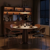 Table à manger ronde contemporaine et écologique avec plateau en pierre frittée et base en bois massif pour usage scolaire et hôtelier