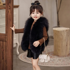 Gilet nero classico per bambini in vera <span class=keywords><strong>pelliccia</strong></span> di volpe giacca senza maniche in <span class=keywords><strong>pelliccia</strong></span> naturale per bambini gilet di <span class=keywords><strong>pelliccia</strong></span> alla moda per bambini con cintura - Product Image 1