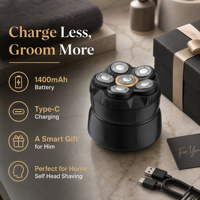 Alat Cukur Kepala Botak 6D Floating 6-Blade 2-in-1 10W Pisau Cukur Elektrik Layar LED Tipe-C 1400mAh Pengunci Perjalanan IPX7 Dapat Dicuci