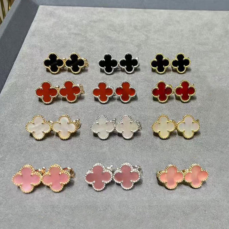 High Version 18K Gold Classic Four Leaf Clover Women's Fine Dangle Earrings Universal Crimson Rose Engagement Jade Marrow Pearl