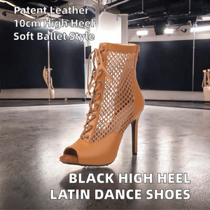 Botines de tacón alto para mujer, de cuero genuino color canela, con punta abierta, cordones y malla. - Product Image 2