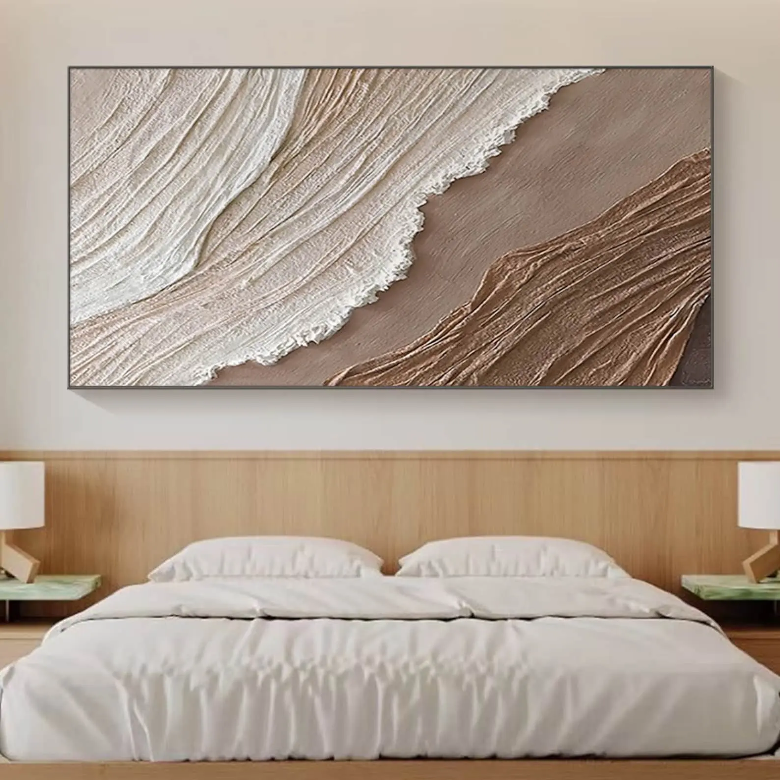 手作りの額入り抽象ブラウンホワイトビーチオーシャン海景風景キャンバスアート3Dテクスチャ壁の装飾のためのアクリル画