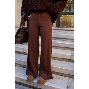 Coffee Colored Knitted Trousers <b>Elastic</b> Waistband Women's Sweater Pants Regular Fit Weaving Fabric Unlined Without <b>Belt</b> - Product Image 1